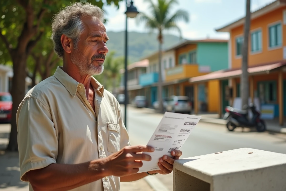 Homme consultant un guide de codes postaux mauriciens devant une boîte aux lettres en ville