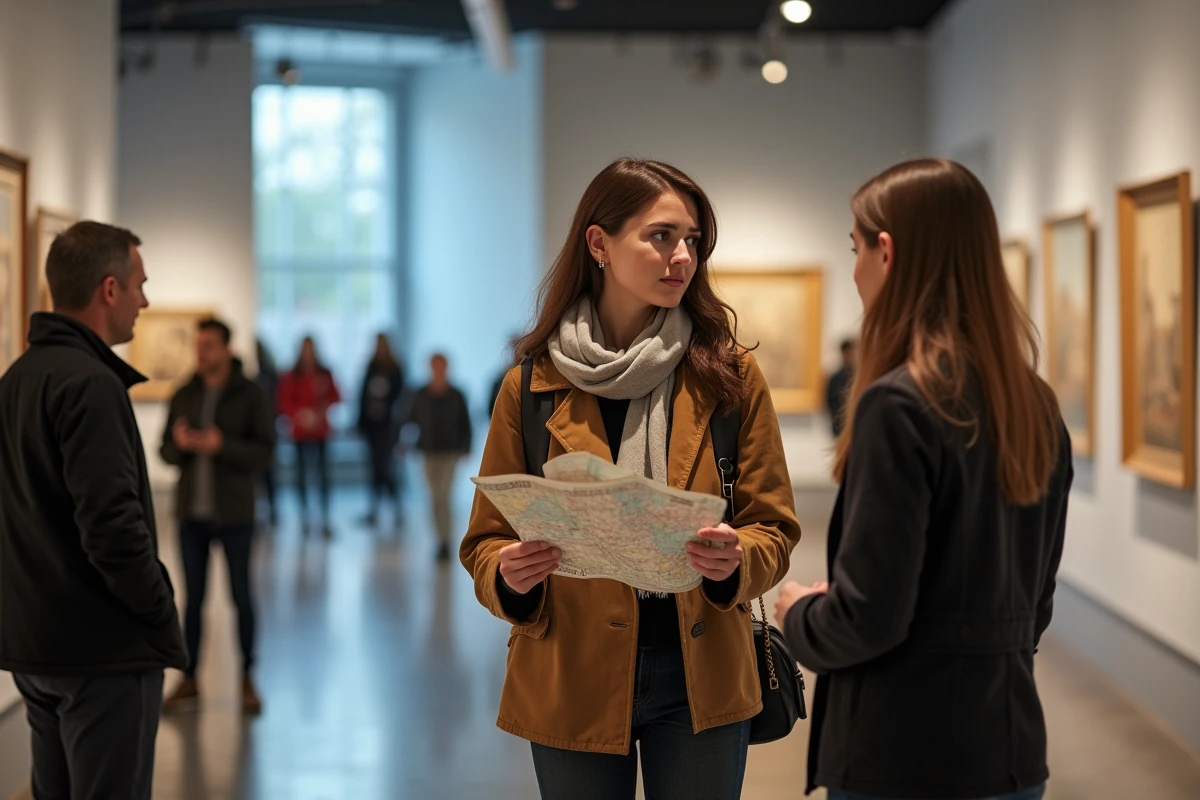 Guide féminin observant une exposition dans un musée moderne
