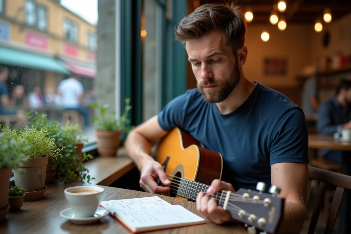 Guitariste adulte étudiant des accords de guitare sur un carnet de notes dans un café calme