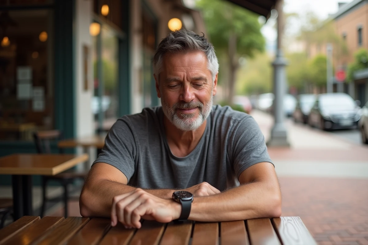 Homme consultant sa montre dans un café en plein air à Perth en Australie Occidentale