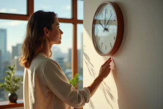 Femme australienne vérifiant l'heure sur une horloge murale dans un appartement de Sydney avec vue sur la ville
