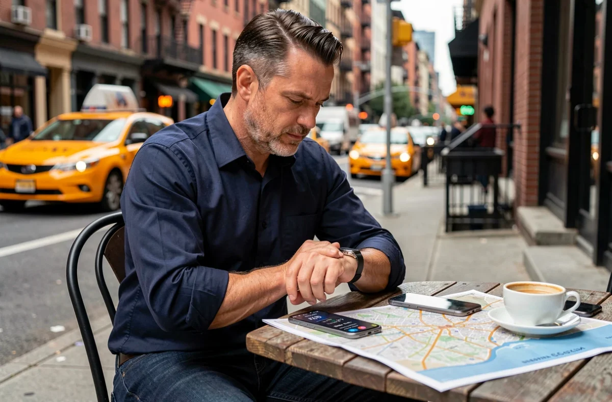 Voyageur masculin assis en terrasse à Manhattan consultant un convertisseur de fuseaux horaires sur son téléphone pour s'adapter à l'heure new-yorkaise