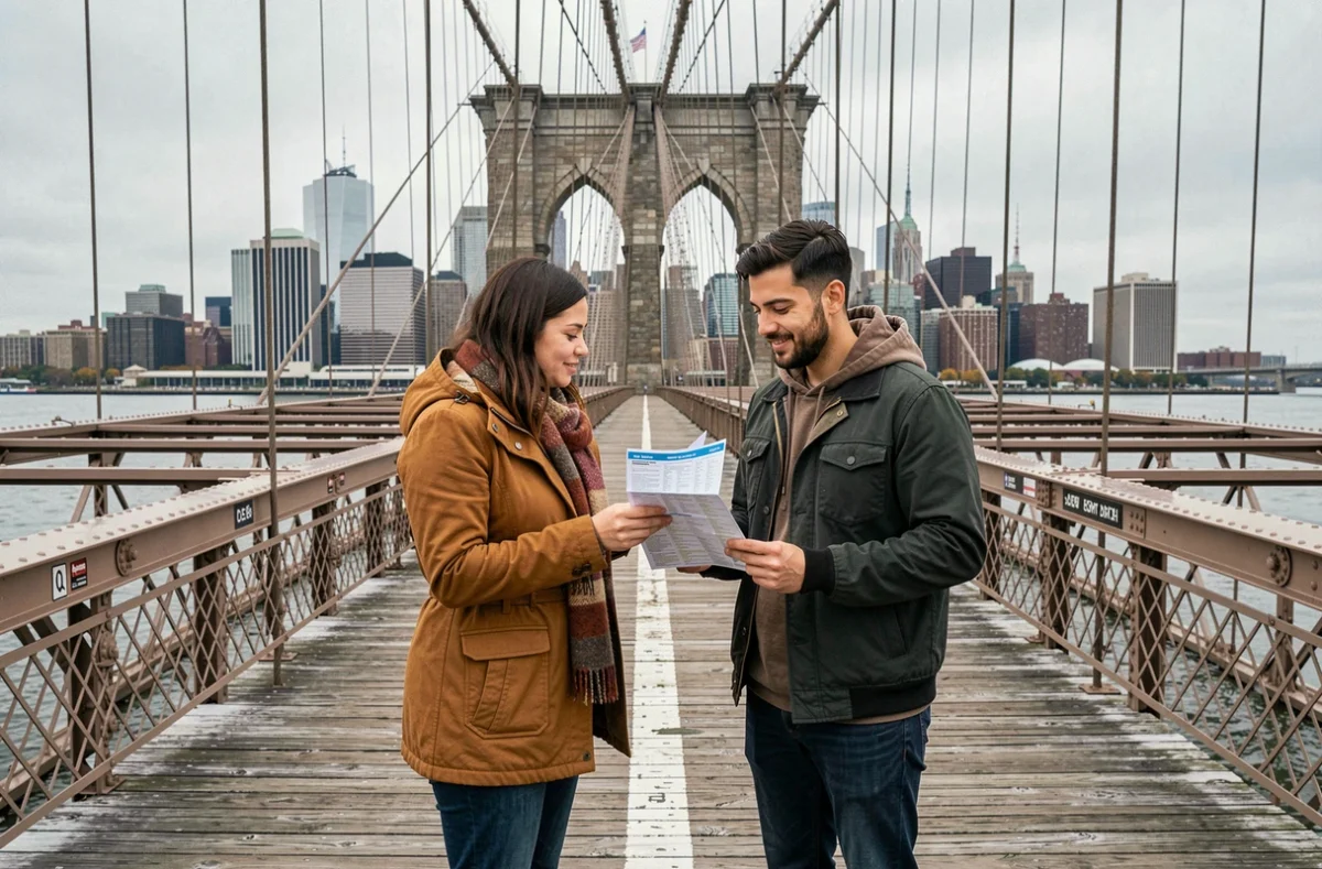 Couple de voyageurs sur le pont de Brooklyn consultant leur planning de visite avec Manhattan en arrière-plan par un matin d'automne