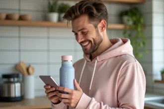 Jeune homme tenant une bouteille Air Up et consultant un code promo sur son smartphone dans une cuisine moderne