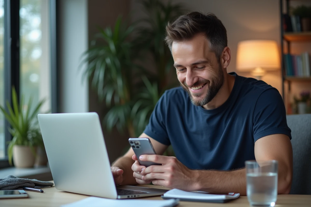 Homme en home office utilisant son téléphone pour trouver des méthodes fiables de tours gratuits Coin Master