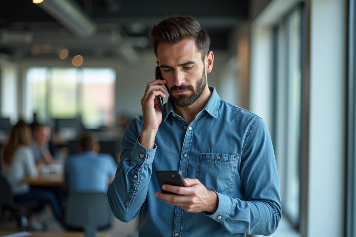 Homme en bureau vérifiant un numéro de téléphone inconnu sur son mobile