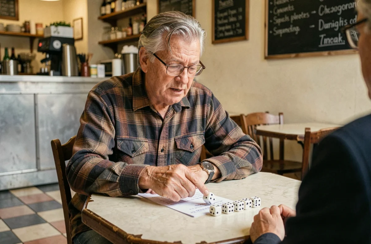 Homme âgé dans un café français expliquant les règles de comptage des points au jeu de dés 421 avec une feuille de score