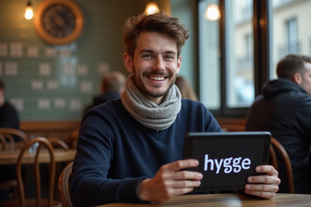 Jeune homme au café parisien montrant hygge sur une tablette