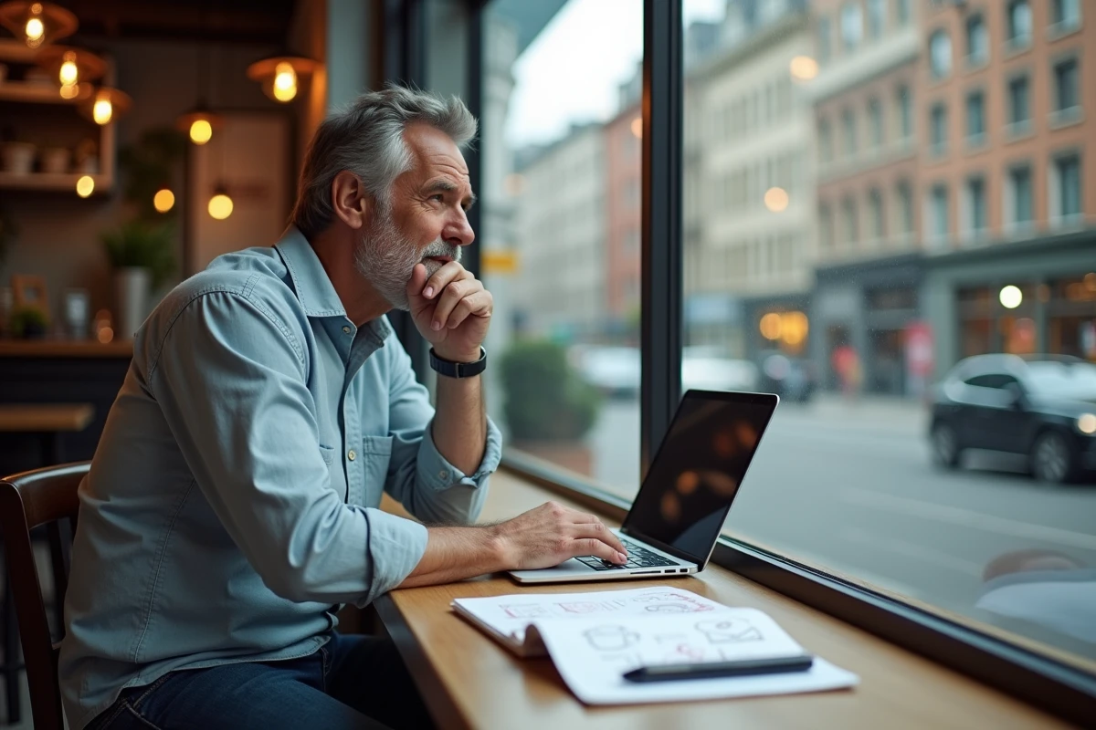 Homme pensif au cafe avec ordinateur et croquis