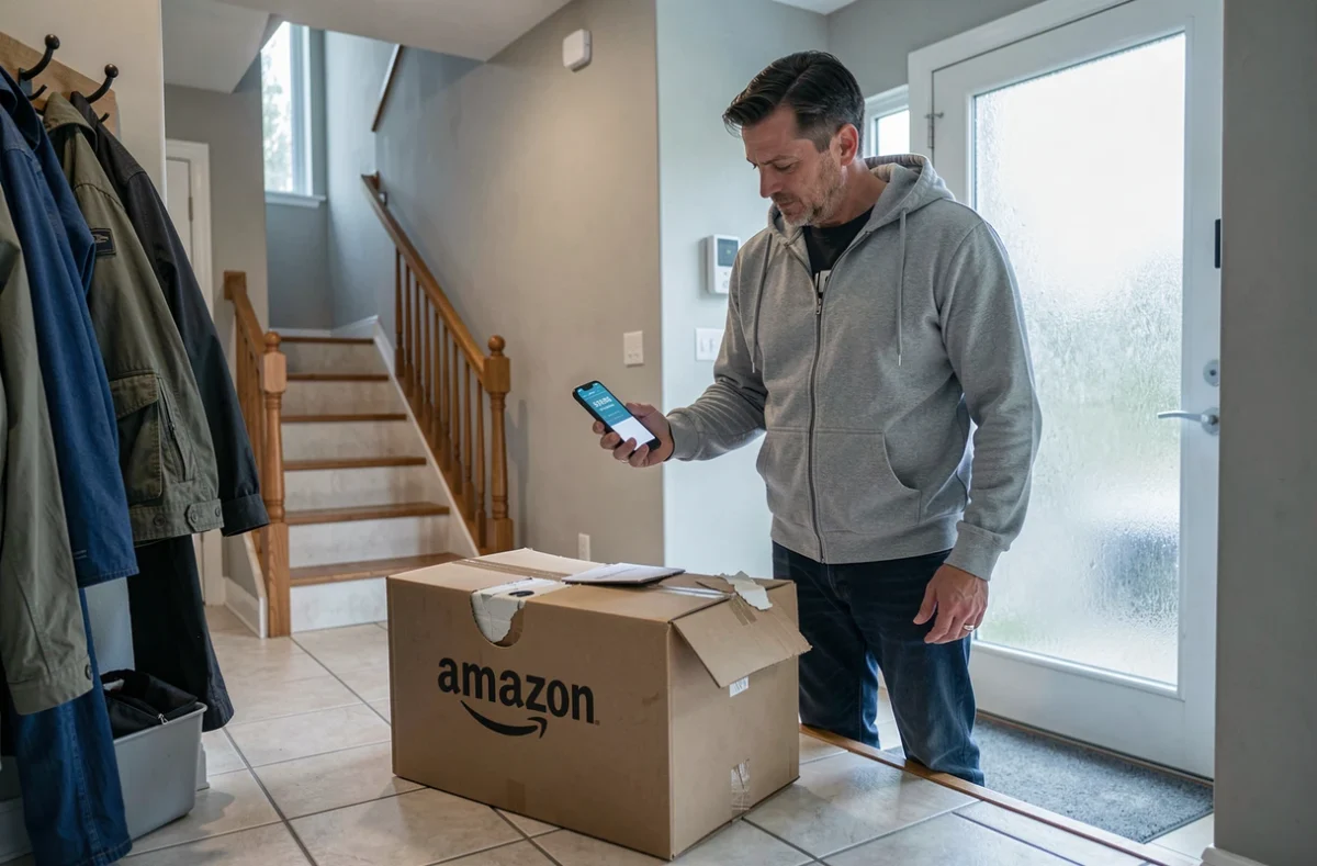 Homme inspectant un colis Amazon endommagé dans son couloir d'entrée avec son téléphone affichant le numéro du service client