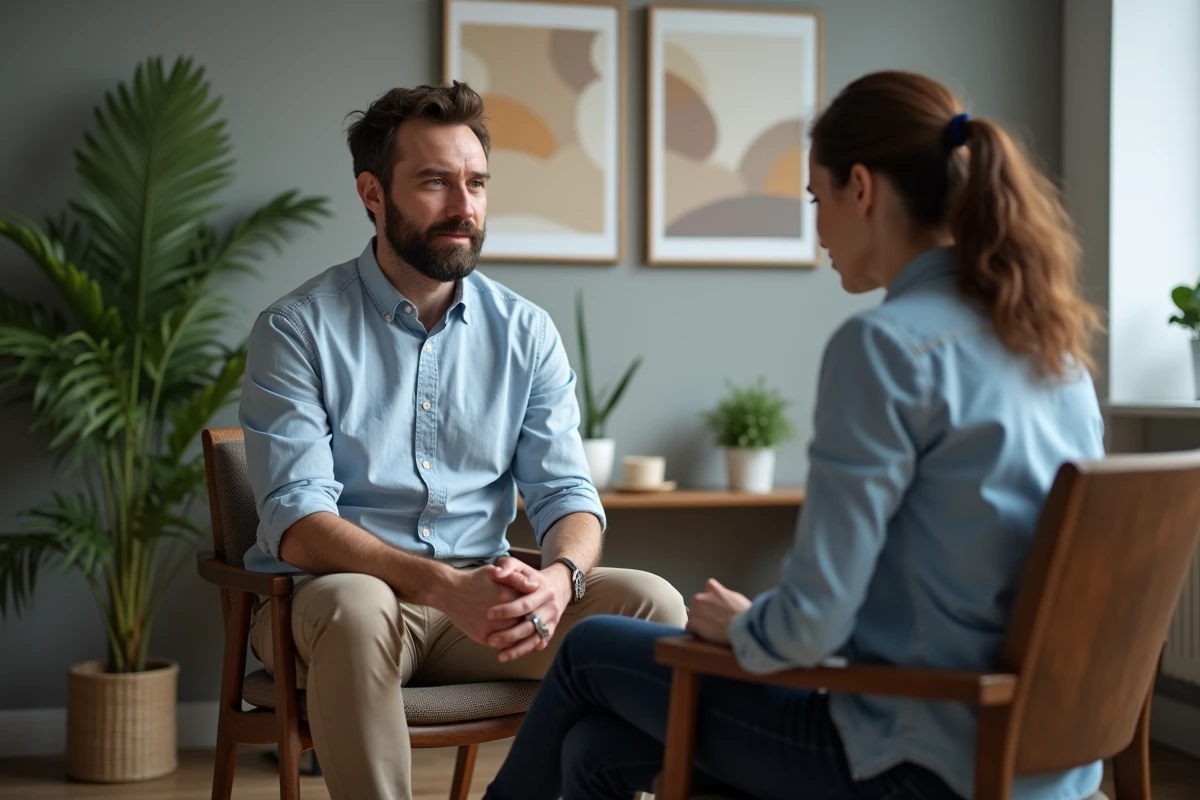Homme en discussion sincère avec un thérapeute dans un bureau accueillant