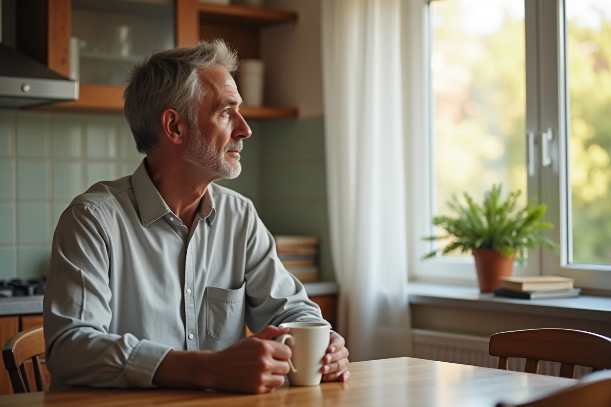 Homme dans une cuisine lumineuse tenant une tasse de thé