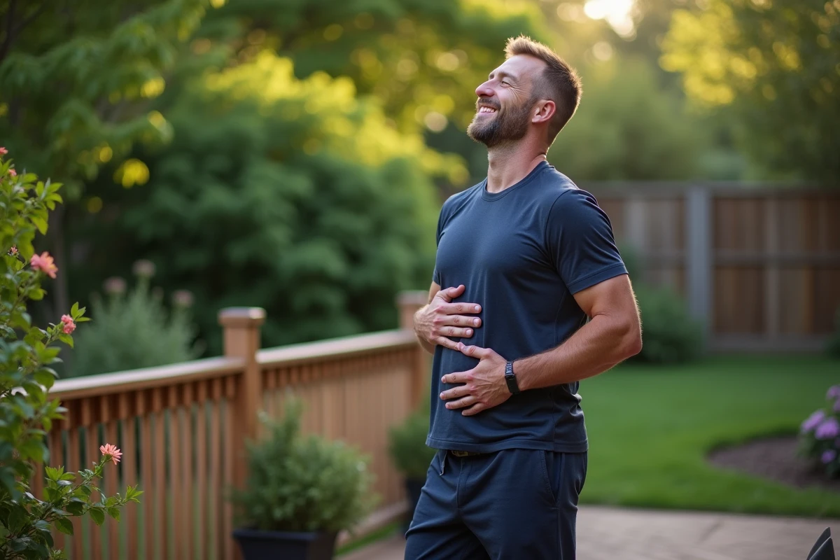 Homme en plein air dans un jardin en train de respirer