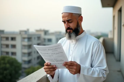 Homme consultant les horaires de prière islamique sur un balcon dans le quartier de Vénissieux