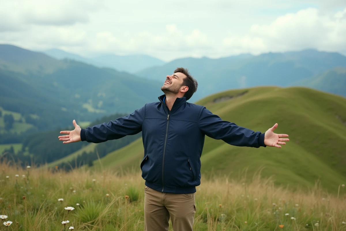Homme en plein air sur une colline avec vue sur la nature