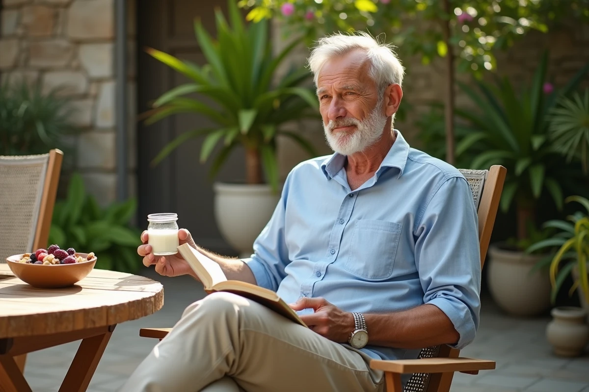 Homme détendu lisant dehors avec kefir et fruits frais