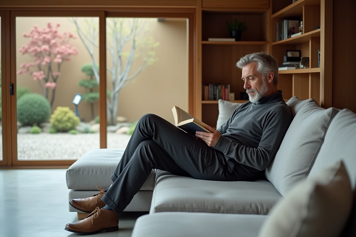 Homme lisant dans un salon minimaliste avec jardin japonais