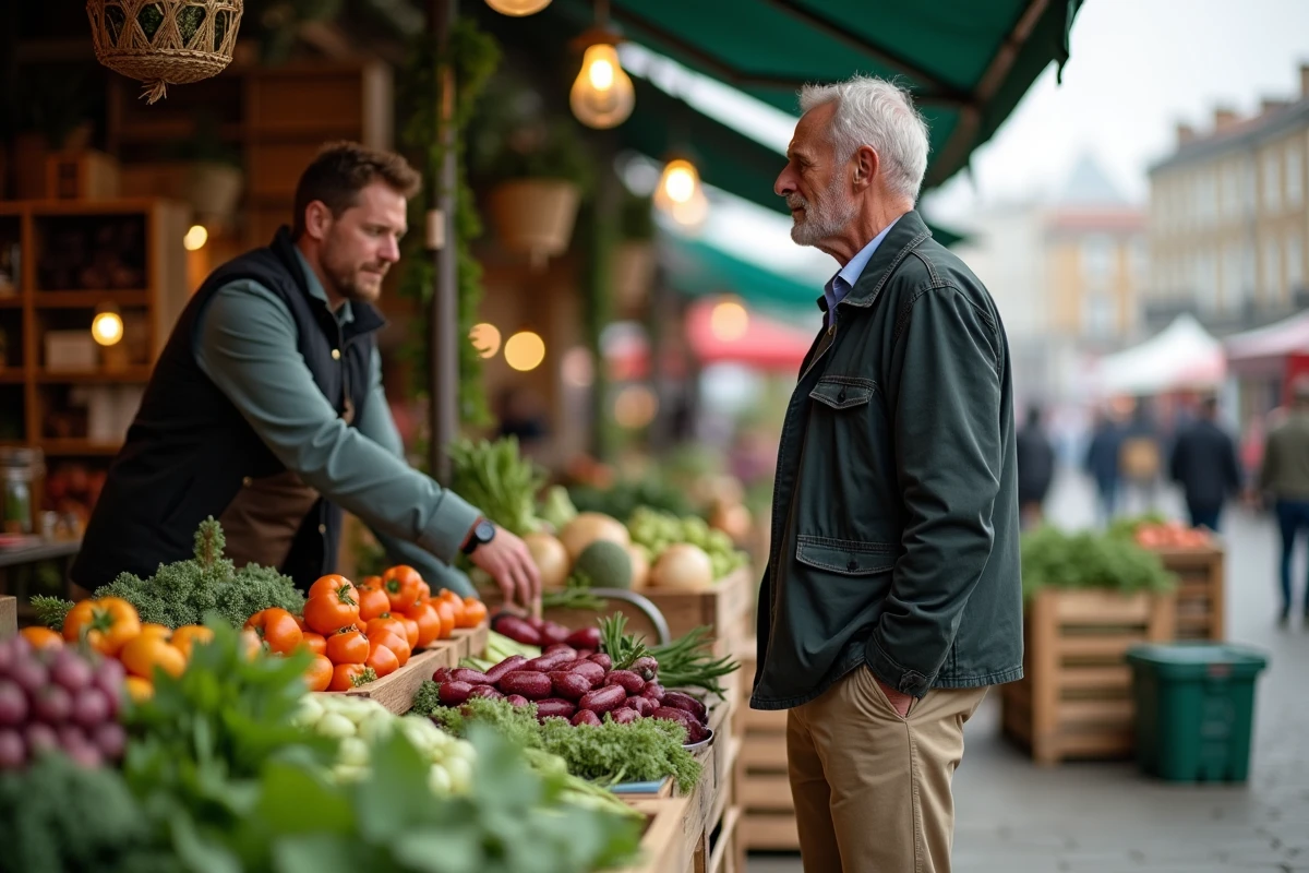 Homme discutant avec un vendeur au marché fermier en plein air