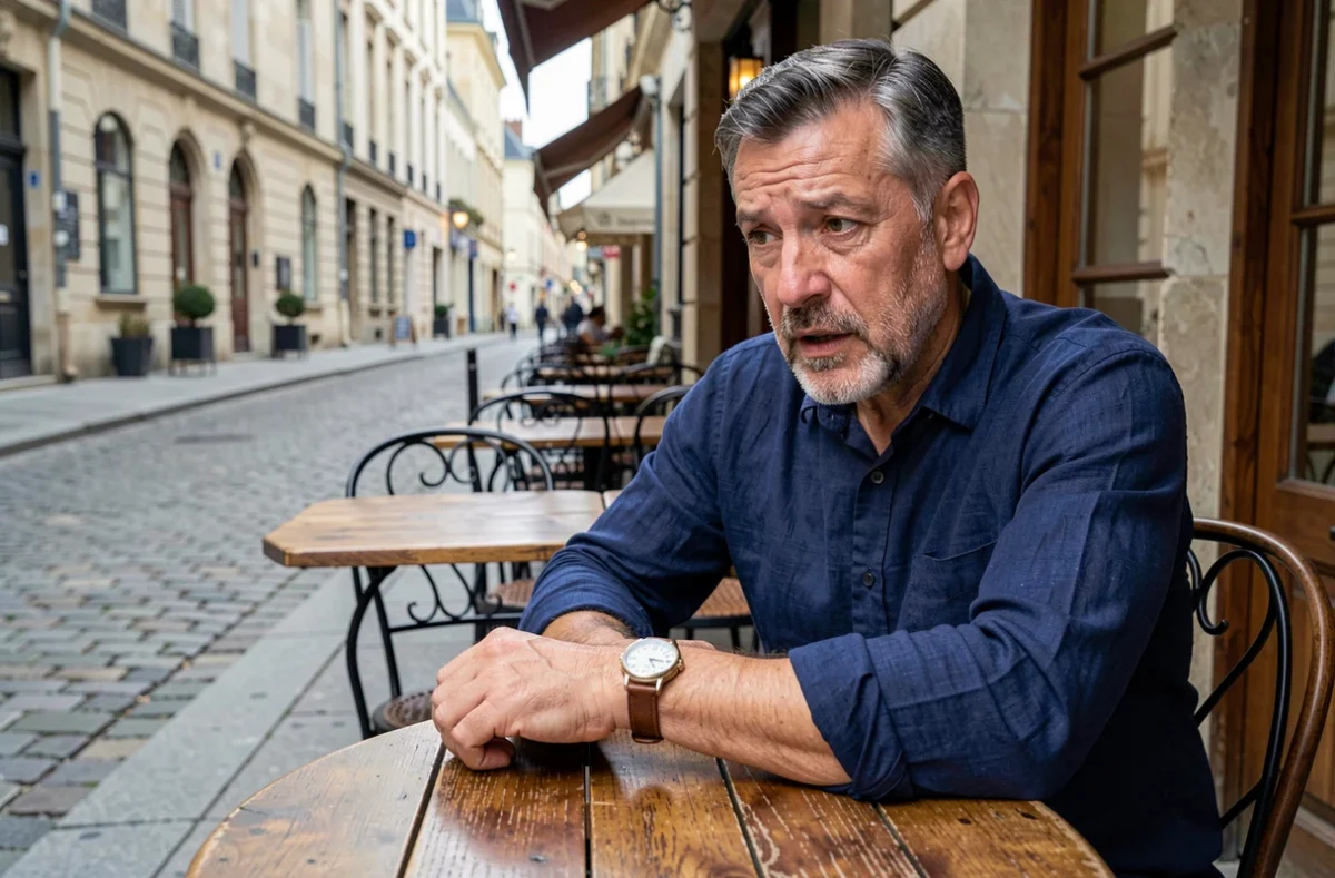 Homme remarquant l'heure 15h55 sur sa montre dans un café français, évoquant la signification de l'heure miroir