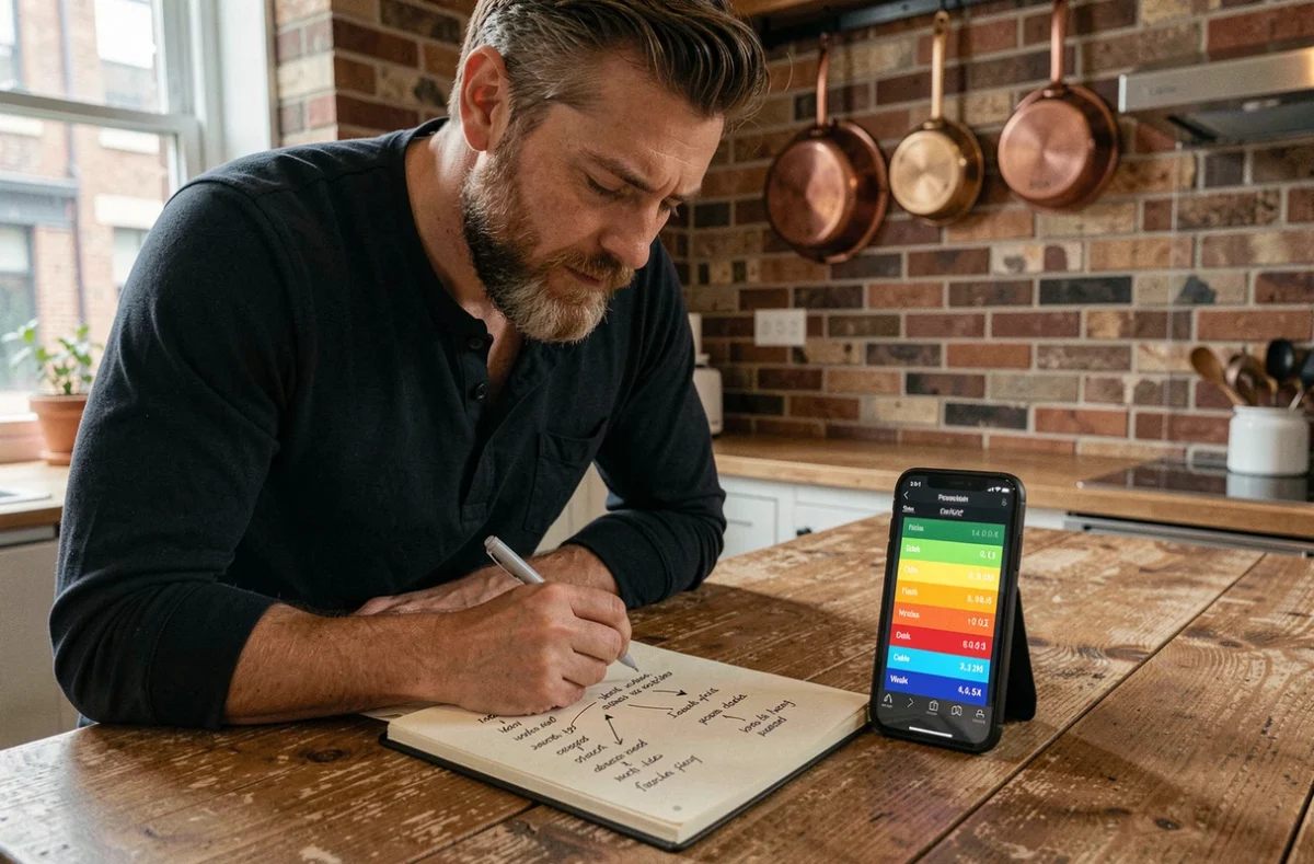 Homme prenant des notes stratégiques pour optimiser ses indices sémantiques dans le jeu Cemantix avec un smartphone posé sur une table de cuisine