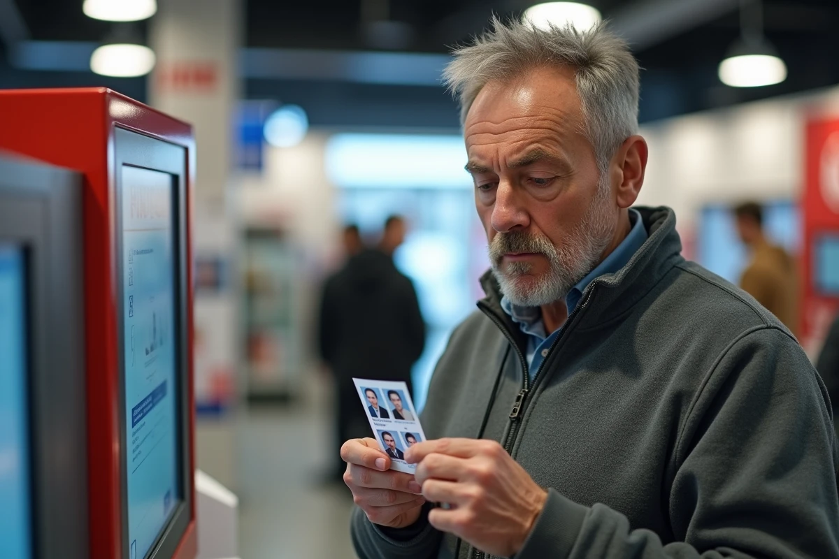 Homme tenant une planche de photos d'identité photomaton dans un bureau de poste français