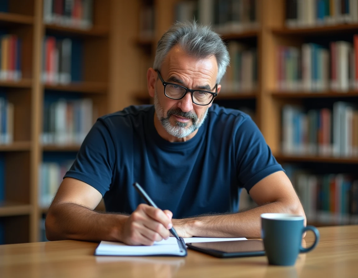 Homme adulte prenant des notes dans une bibliothèque pour apprendre les bonnes pratiques d'un nouvel outil numérique
