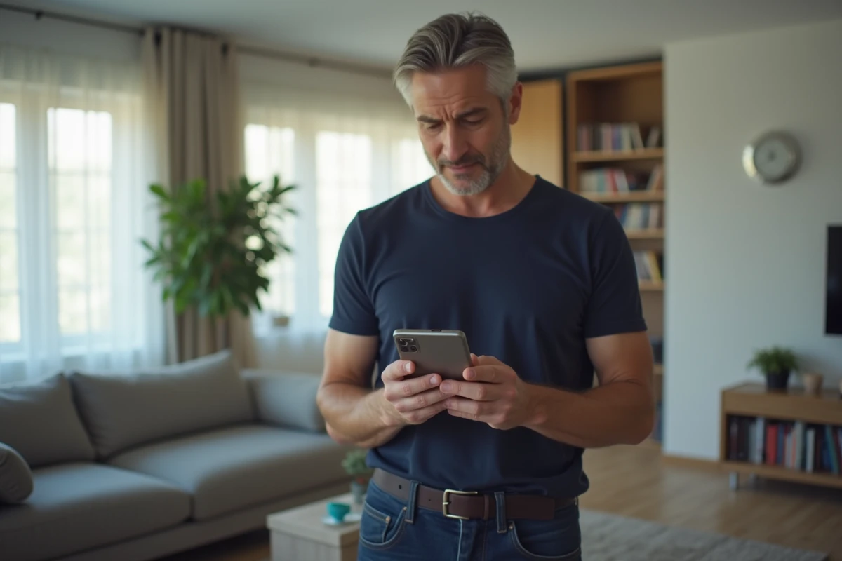 Homme consultant son smartphone face à un problème d'accès au chat de Chérie FM