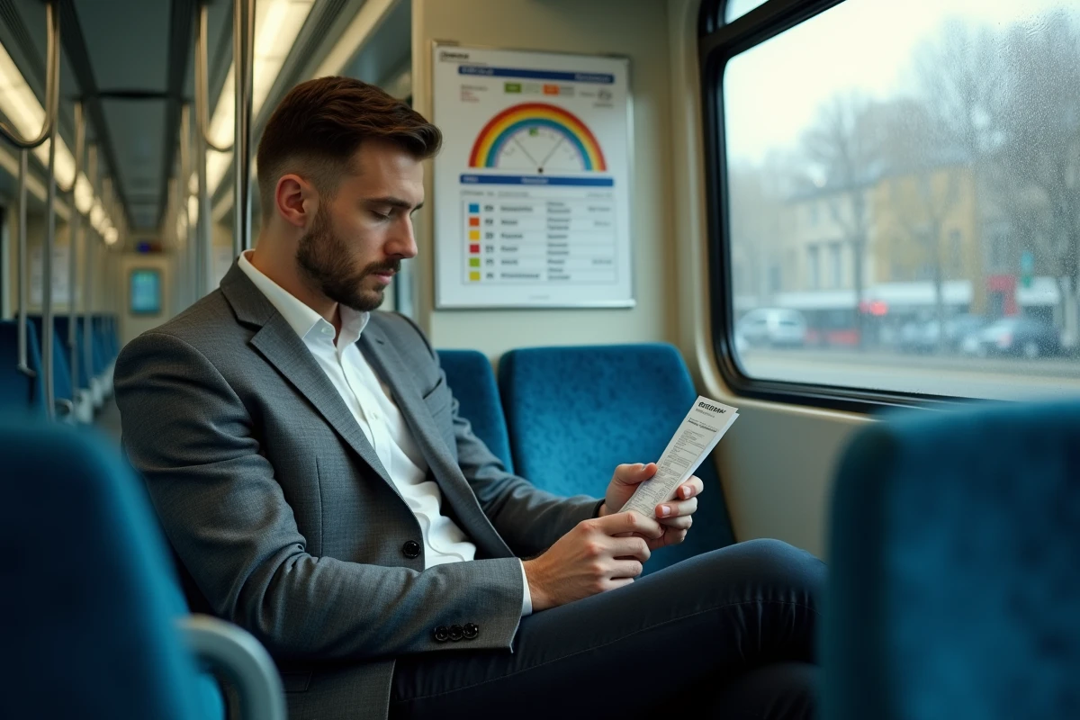 Homme en costume consultant un ticket de RER et le plan des zones tarifaires dans un wagon en mouvement
