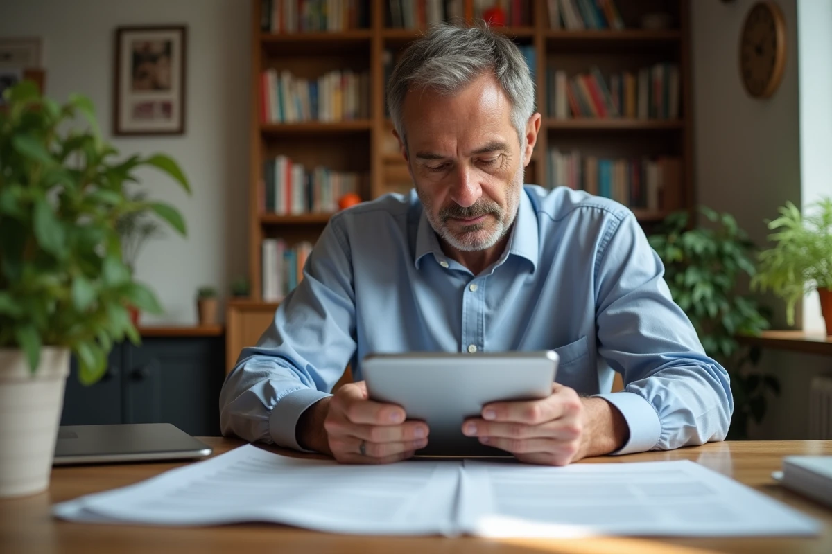 Homme traducteur analyse documents avec tablette à la maison