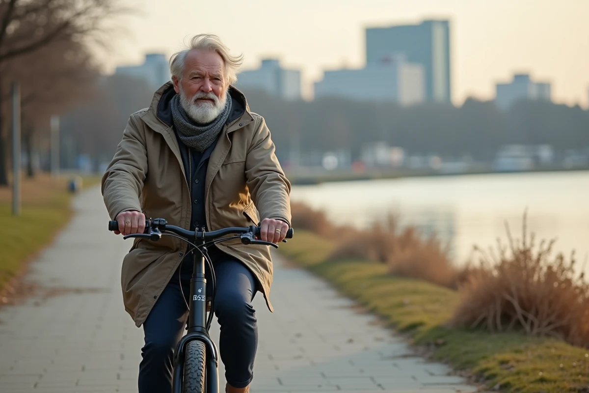 Homme d age moyen roulant en vélo au bord de la rivière