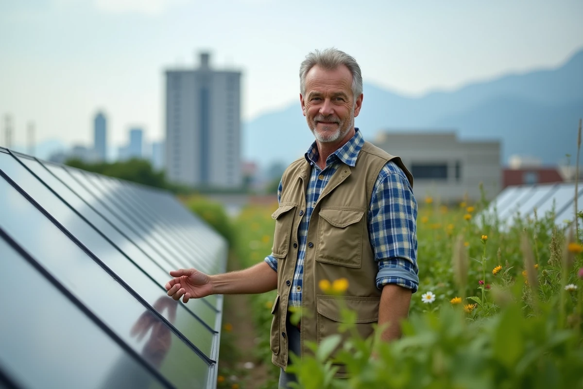 Homme inspectant des panneaux solaires sur un toit vert