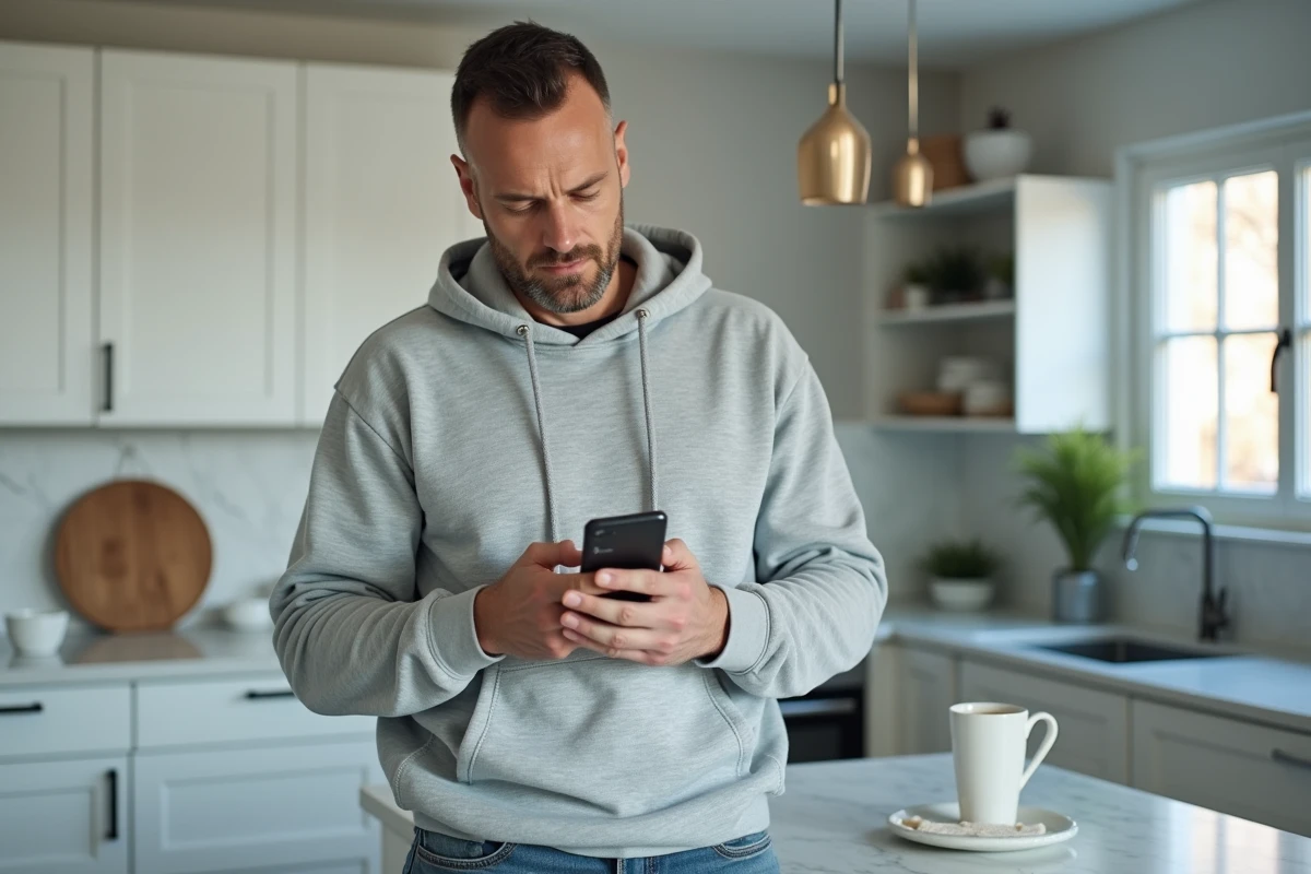 Homme consultant une liste de chanteurs sur son smartphone dans une cuisine moderne