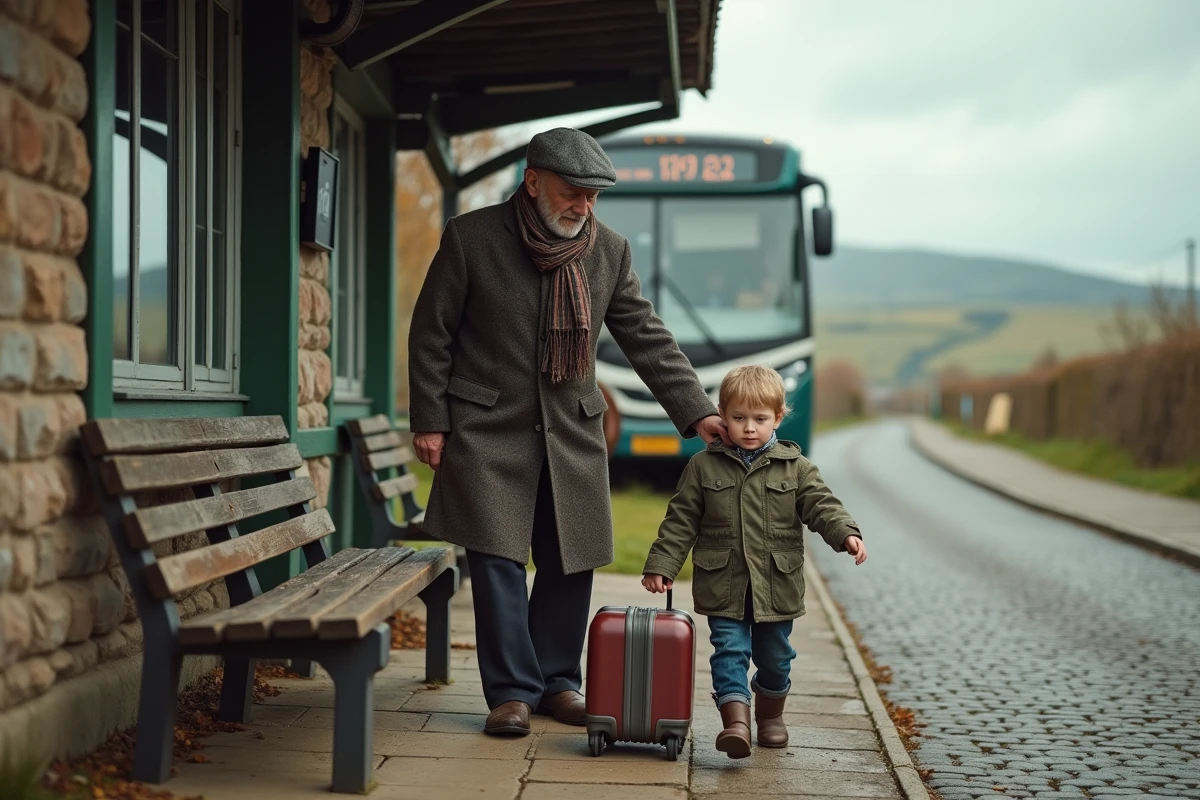 Homme âgé aidant un enfant à descendre du bus rural