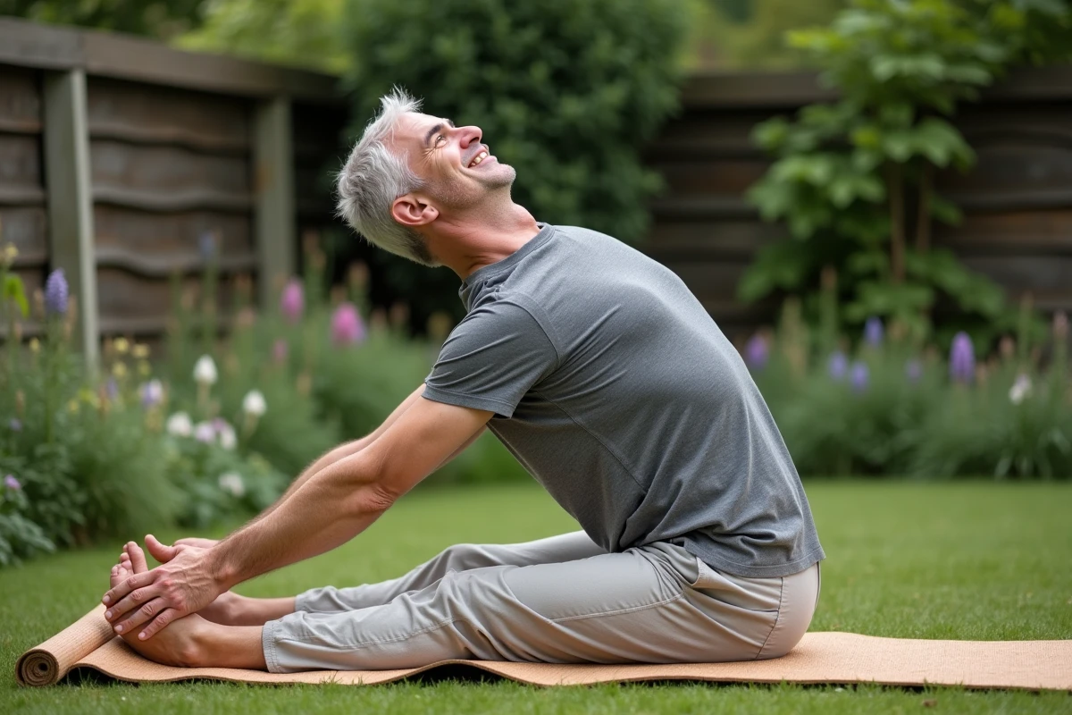 Homme faisant un étirement de yoga dans un jardin