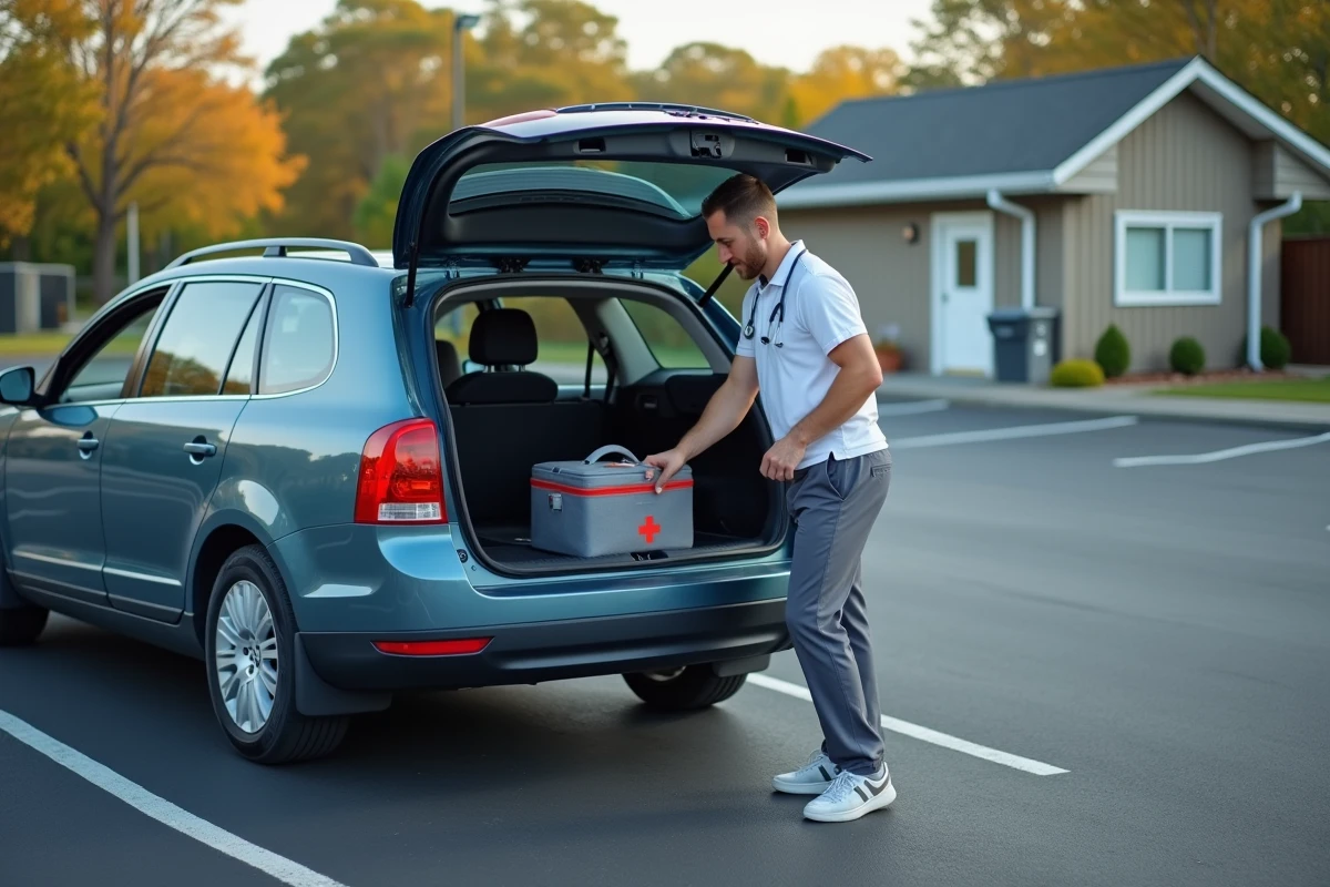 Infirmier chargeant une trousse dans une voiture de clinique