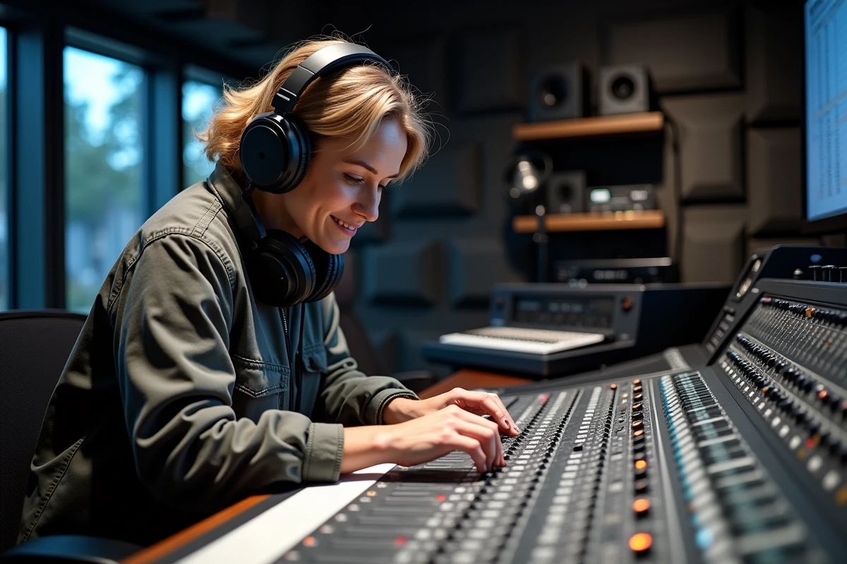 Ingénieure du son réglant une console de mixage analogique en studio d'enregistrement professionnel pour optimiser le son d'une basse