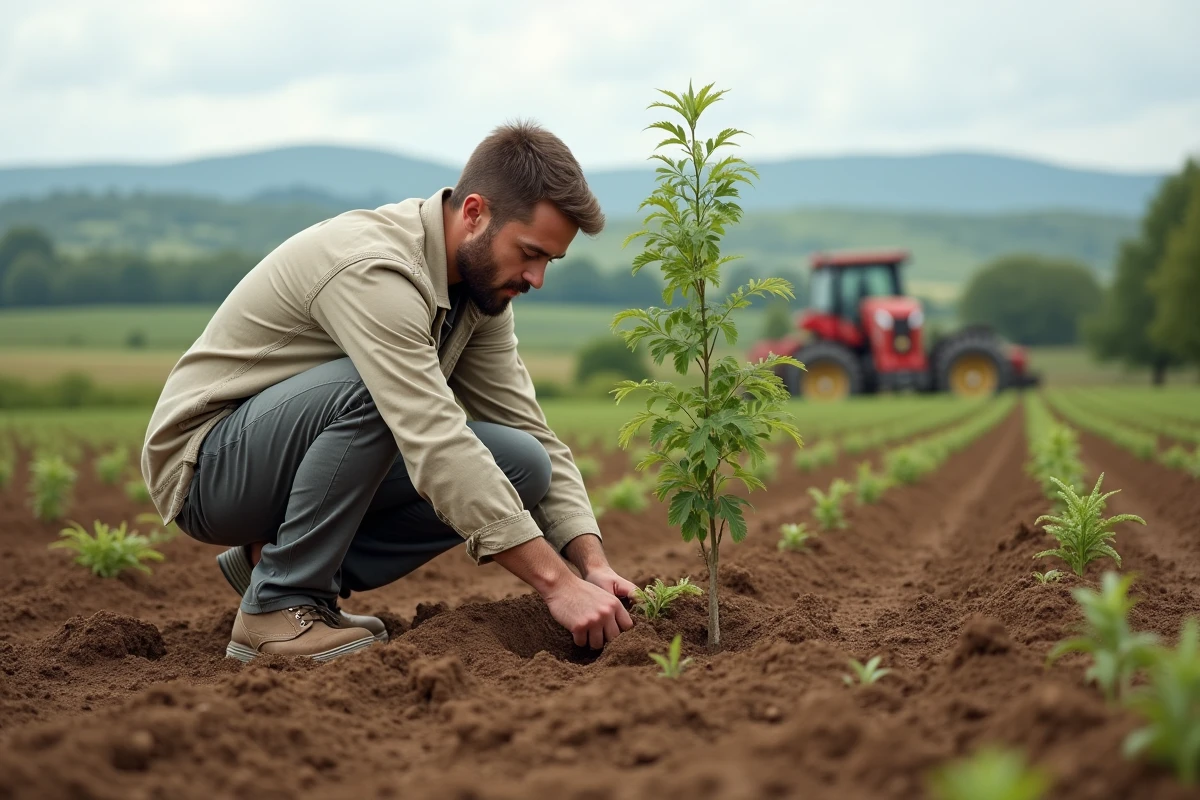 Jeune homme plantant un arbre dans un champ rural