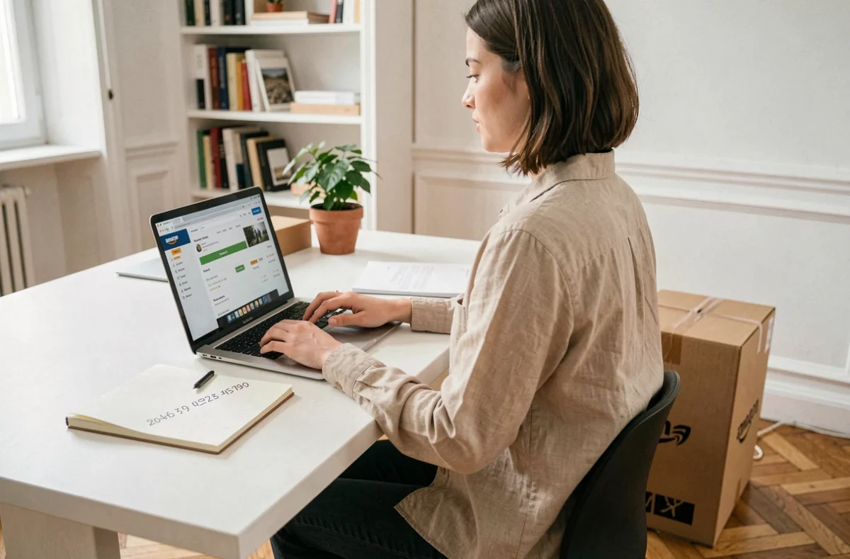 Jeune femme à son bureau notant le numéro du service client Amazon pour sécuriser une livraison