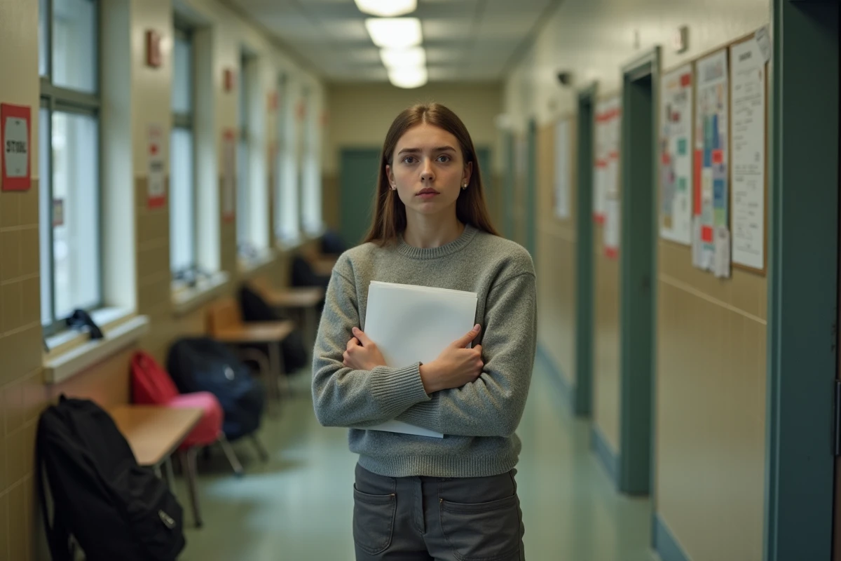 Jeune enseignante stressée dans un couloir scolaire