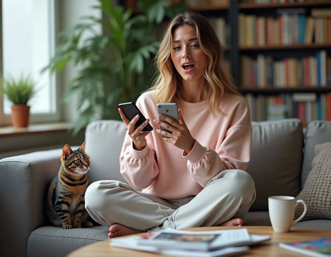Jeune femme amusée récitant des expressions brainrot sur son canapé avec un chat à ses côtés dans un appartement moderne