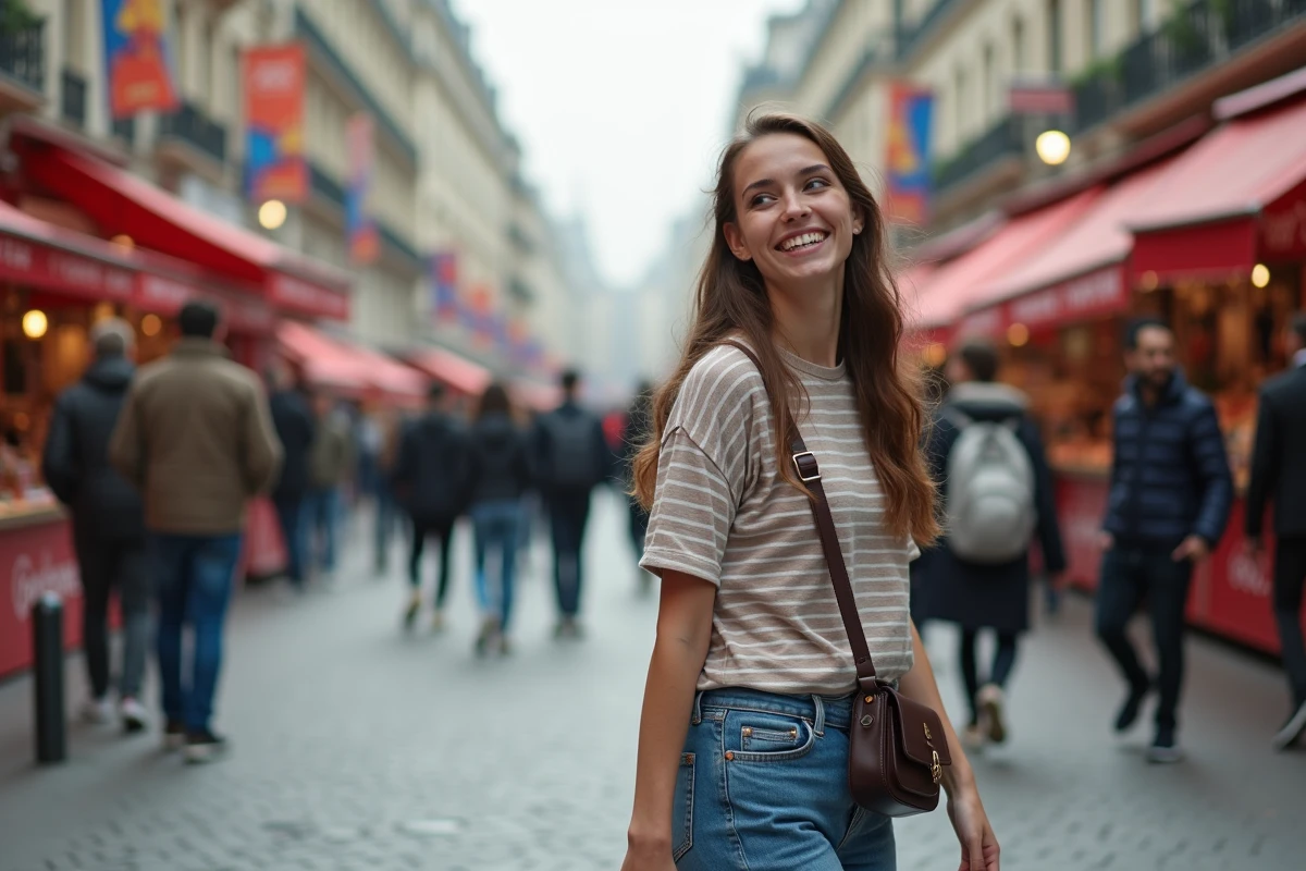 Jeune femme souriante dans une rue parisienne animée