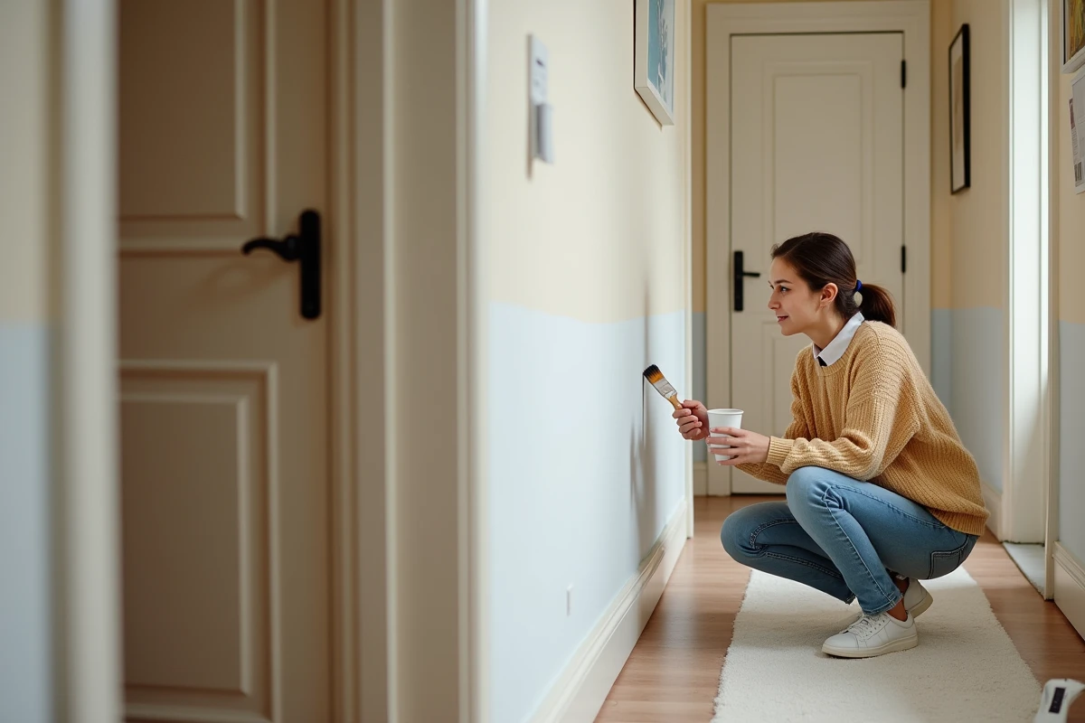 Jeune femme inspectant la ligne de peinture dans un couloir