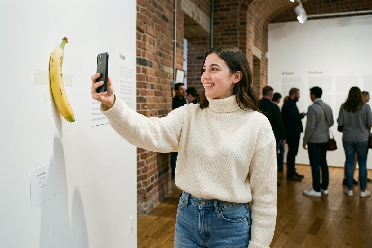 Jeune femme photographiant une banane scotchée au mur dans une galerie d'art urbaine tendance