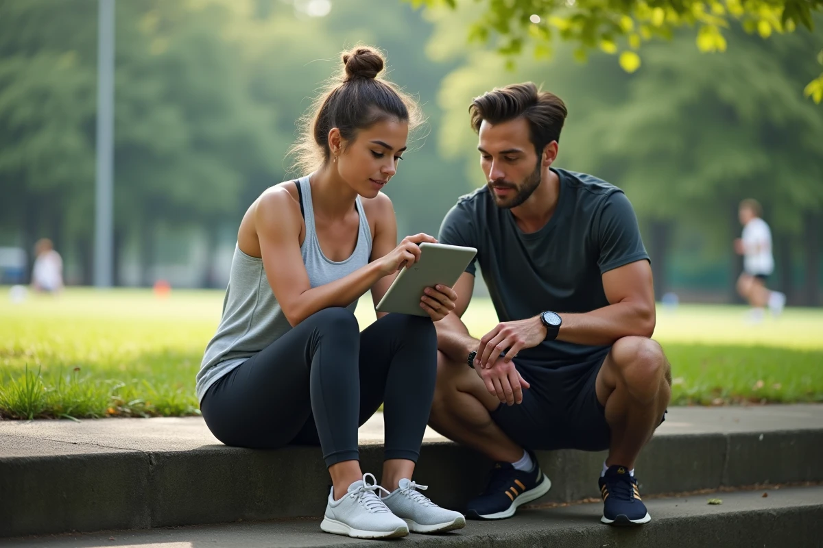 Jeune femme sportive avec coach dans un parc