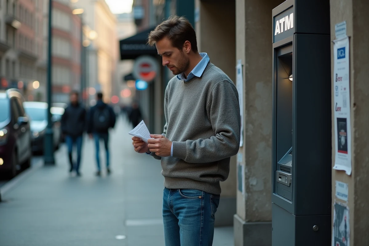 Jeune homme stressé vérifiant son portefeuille devant un ATM