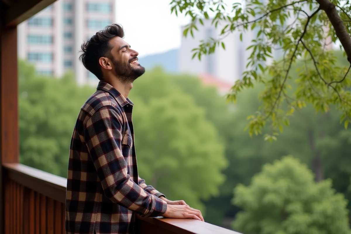 Jeune homme souriant sur un balcon avec vue sur un parc