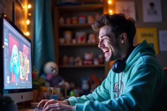 Jeune homme riant devant son écran d'ordinateur portable entouré de mèmes et références internet dans une chambre décorée de posters