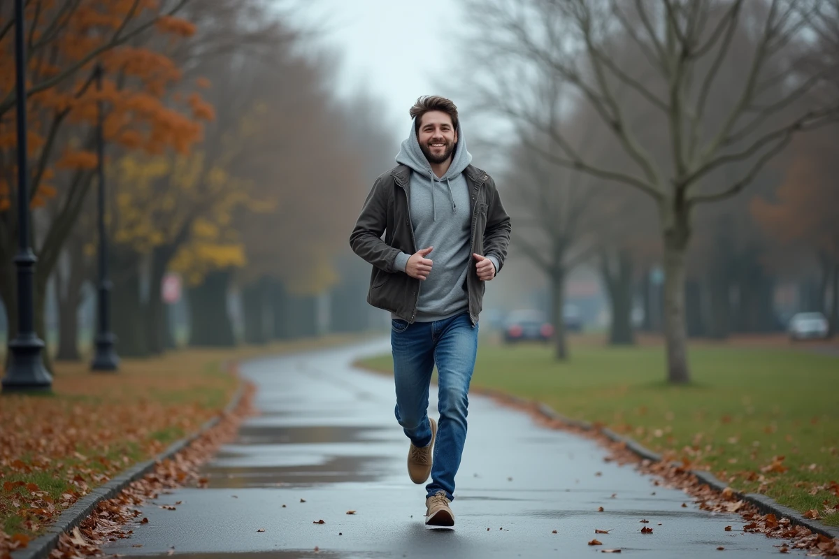 Jeune homme courant dans un parc urbain sous la pluie