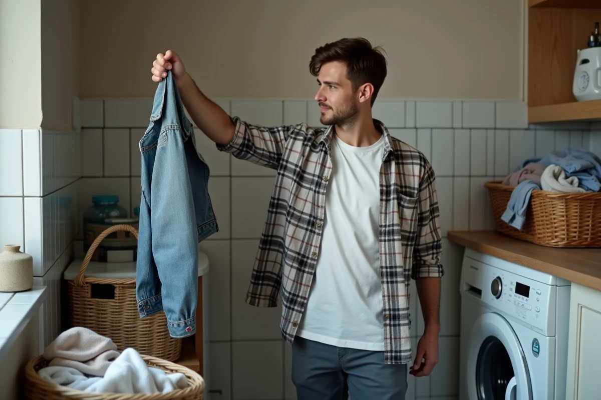 Jeune homme lavant un manteau dans une buanderie maison