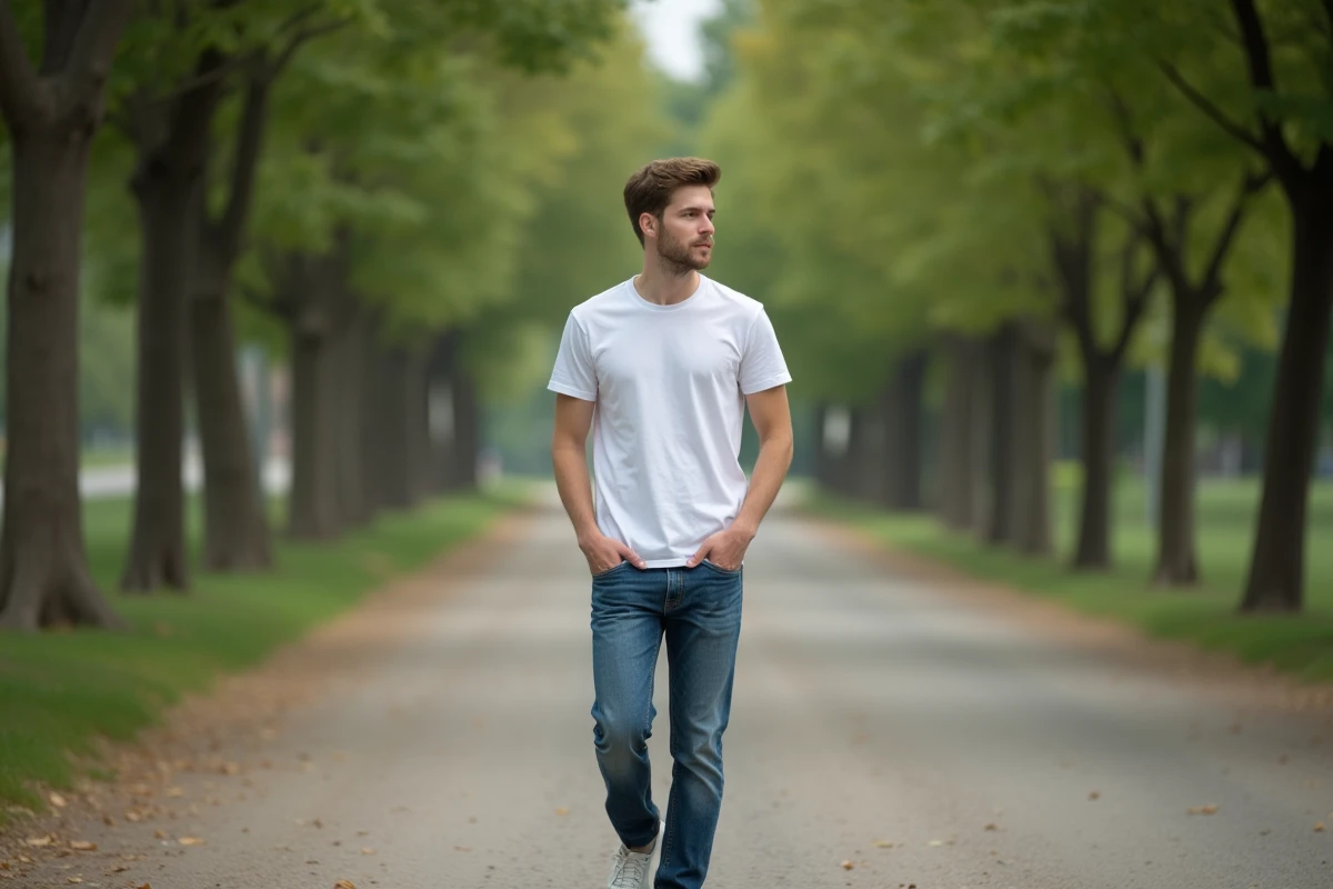 Jeune homme marchant dans un parc calme et ombragé